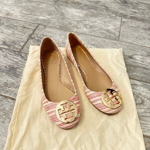 Tory Burch Red and Cream Striped Loafers